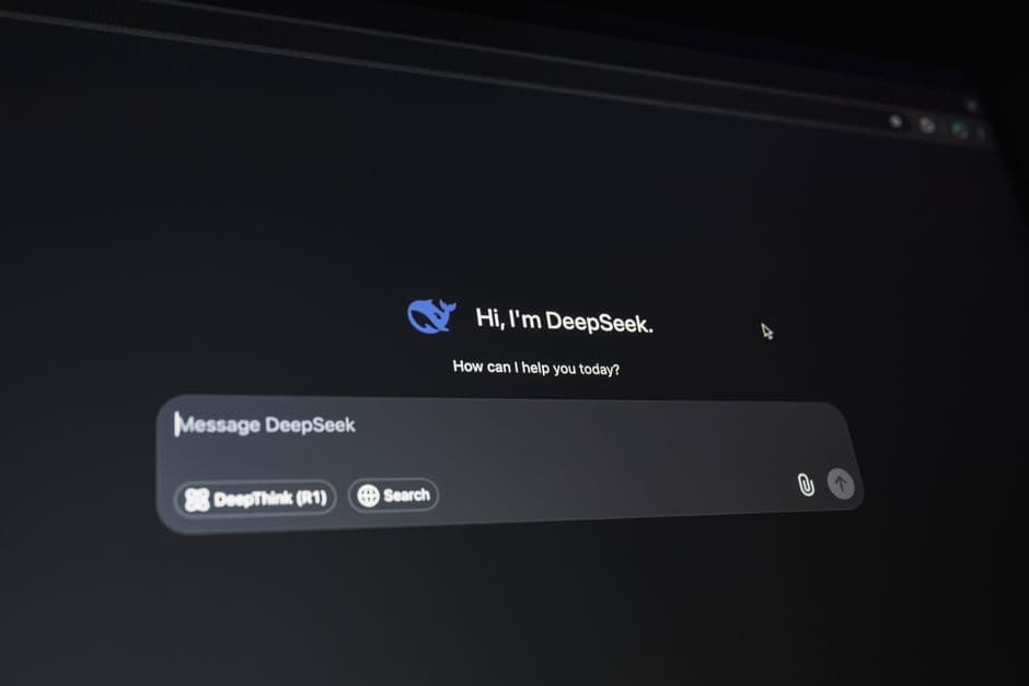 Sleek dark tech workspace with glowing UI elements, abstract AI grid lines, and a modern browser window displaying a freshly generated professional website — conveying speed, innovation, and digital confidence
